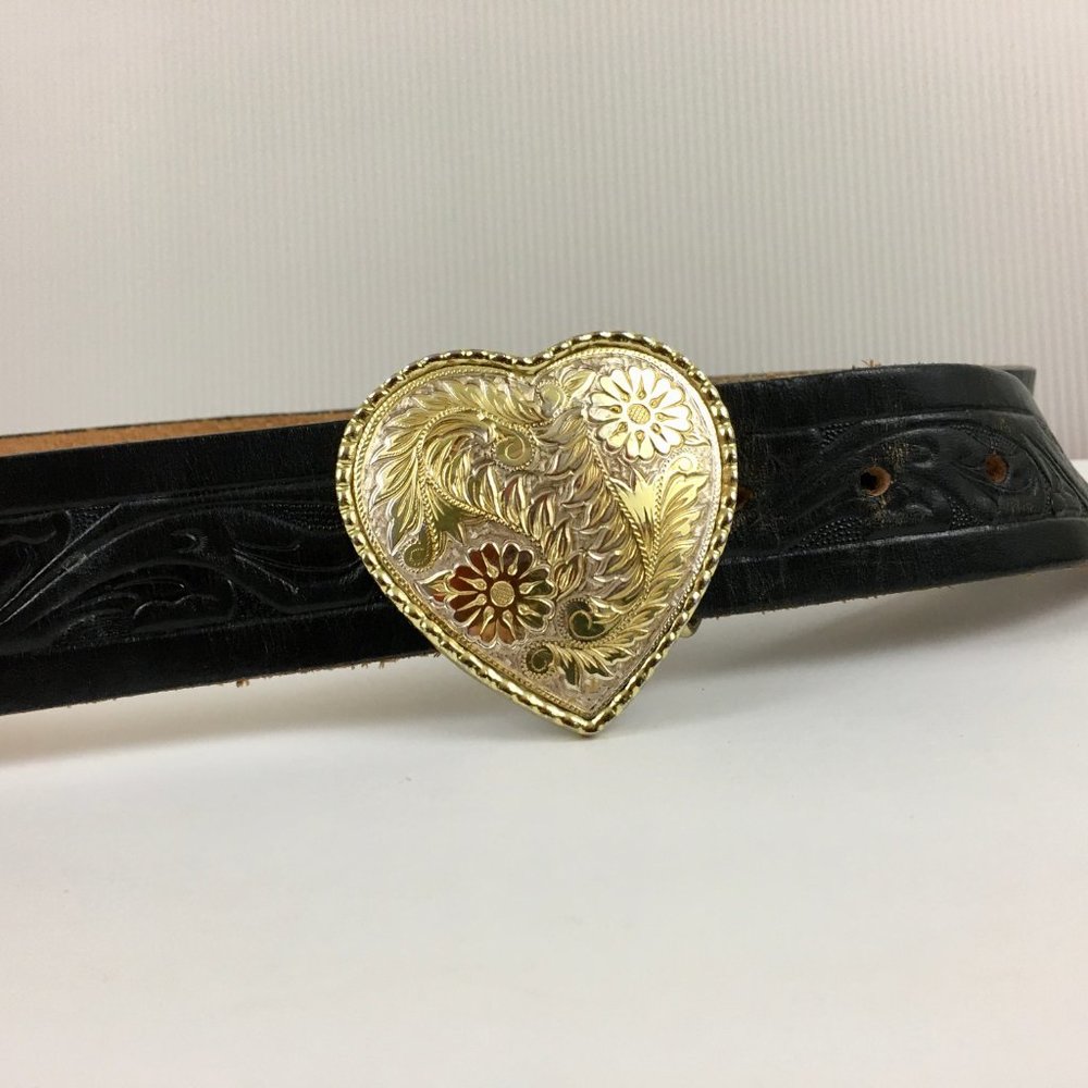 Vintage Tooled Black Leather Belt Heart Buckle